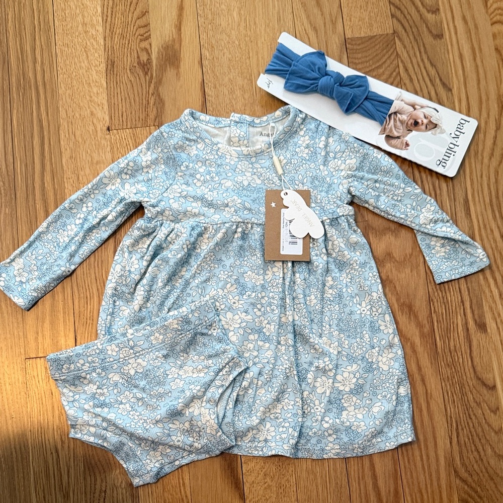 Angel Dear Dress and Bloomer - blue meadow floral. Blue baby bling headband.